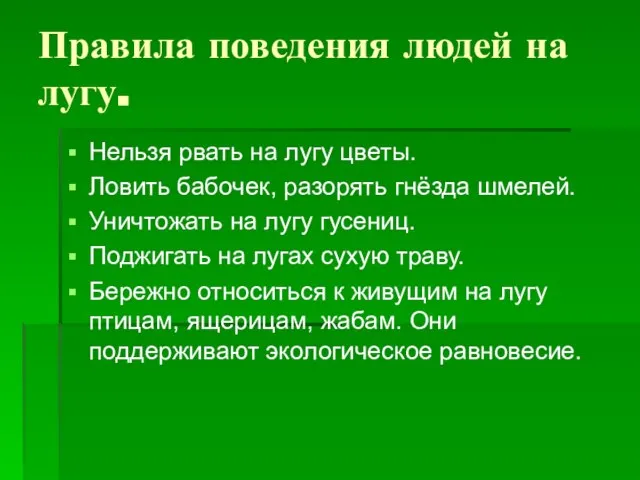 Правила поведения людей на лугу. Нельзя рвать на лугу цветы. Ловить бабочек,