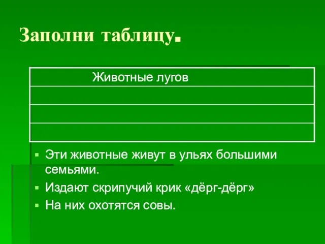 Заполни таблицу. Эти животные живут в ульях большими семьями. Издают скрипучий крик