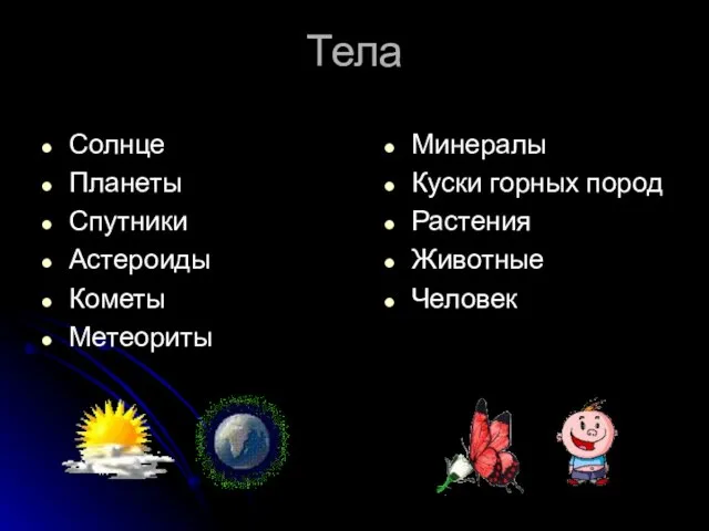 Тела Солнце Планеты Спутники Астероиды Кометы Метеориты Минералы Куски горных пород Растения Животные Человек