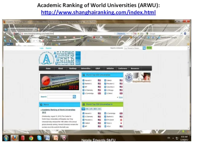 Academic Ranking of World Universities (ARWU): http://www.shanghairanking.com/index.html Natalia Edwards SibFU