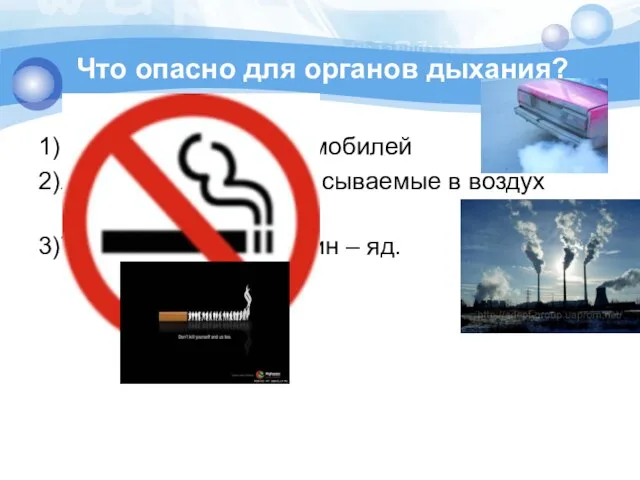 Что опасно для органов дыхания? 1)Выхлопные газы автомобилей 2)Ядовитые газы, выбрасываемые в