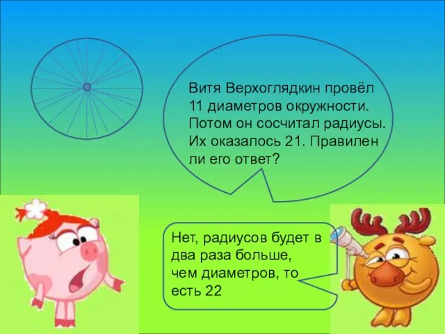 Витя Верхоглядкин провёл 11 диаметров окружности. Потом он сосчитал радиусы. Их оказалось