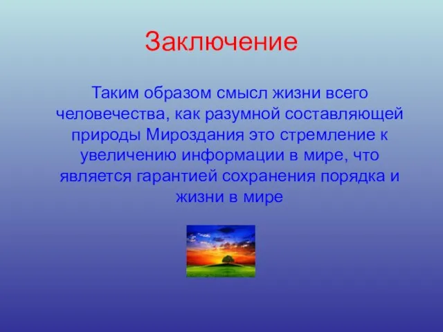 Заключение Таким образом смысл жизни всего человечества, как разумной составляющей природы Мироздания