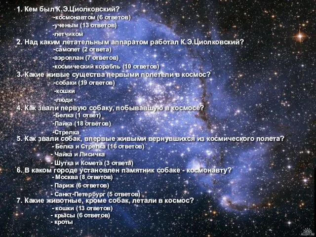 1. Кем был К.Э.Циолковский? -космонавтом (6 ответов) -ученым (13 ответов) -летчиком 2.