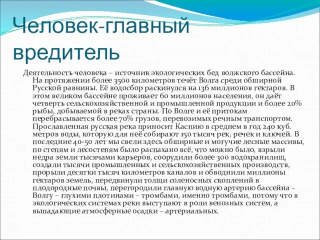 Человек-главный вредитель Деятельность человека – источник экологических бед волжского бассейна. На протяжении