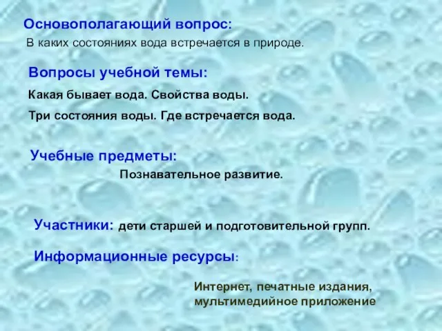 Вопросы учебной темы: Какая бывает вода. Свойства воды. Три состояния воды. Где