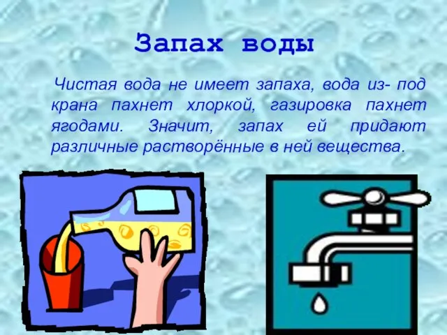 Запах воды Чистая вода не имеет запаха, вода из- под крана пахнет