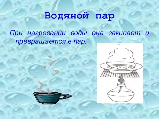 Водяной пар При нагревании воды она закипает и превращается в пар.