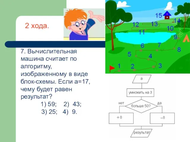 7. Вычислительная машина считает по алгоритму, изображенному в виде блок-схемы. Если a=17,