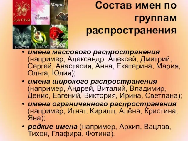 Состав имен по группам распространения имена массового распространения (например, Александр, Алексей, Дмитрий,