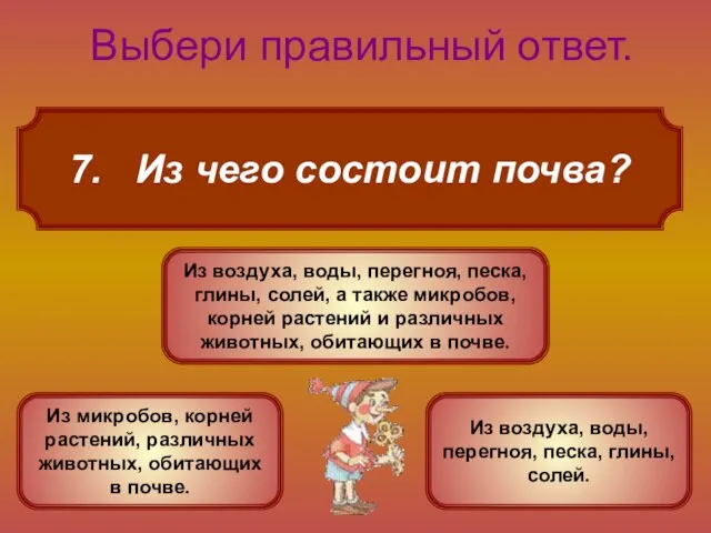 7. Из чего состоит почва? Выбери правильный ответ. Из воздуха, воды, перегноя,