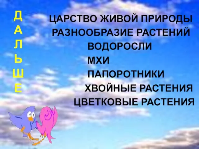 Д А Л Ь Ш Е ЦАРСТВО ЖИВОЙ ПРИРОДЫ РАЗНООБРАЗИЕ РАСТЕНИЙ ВОДОРОСЛИ