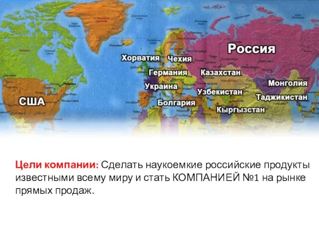 КАРТА МИРА Цели компании: Сделать наукоемкие российские продукты известными всему миру и