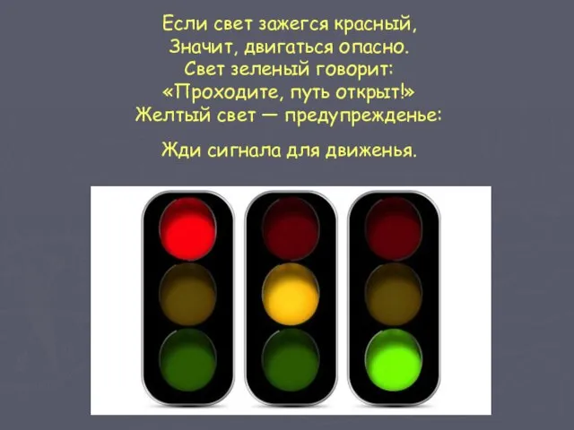 Если свет зажегся красный, Значит, двигаться опасно. Свет зеленый говорит: «Проходите, путь