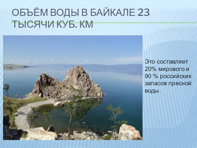 Объём воды в Байкале 23 тысячи куб. км Это составляет 20% мирового