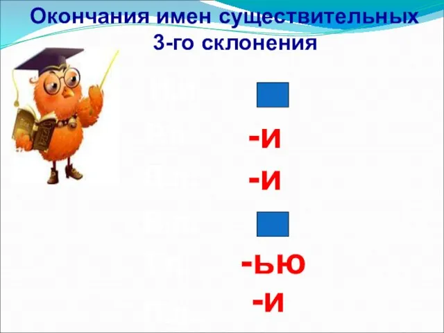 И.п. Р.п. Д.п. В.п. Т.п. П.п. Окончания имен существительных 3-го склонения -и -и -ью -и