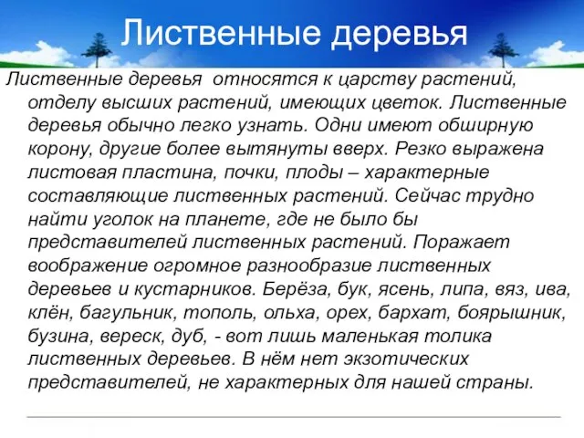 Лиственные деревья Лиственные деревья относятся к царству растений, отделу высших растений, имеющих