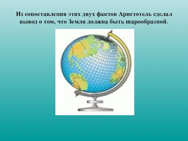 Из сопоставления этих двух фактов Аристотель сделал вывод о том, что Земля должна быть шарообразной.