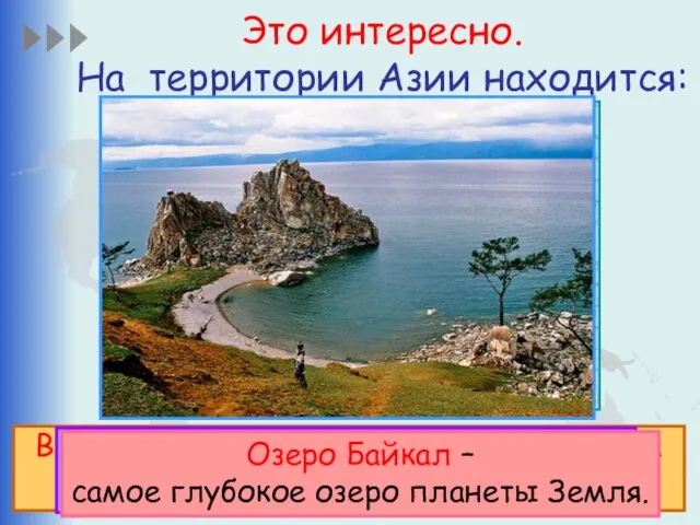 Это интересно. На территории Азии находится: Высочайшая вершина мира Джомолунгма в Гималаях