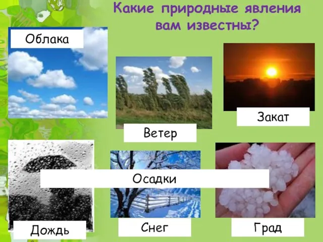 Какие природные явления вам известны? Облака Дождь Снег Град Ветер Осадки Закат