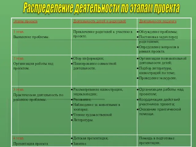 Распределение деятельности по этапам проекта