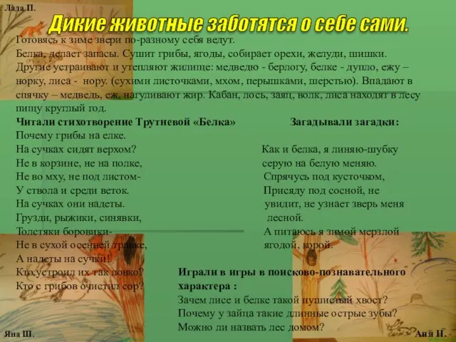 Готовясь к зиме звери по-разному себя ведут. Белка, делает запасы. Сушит грибы,