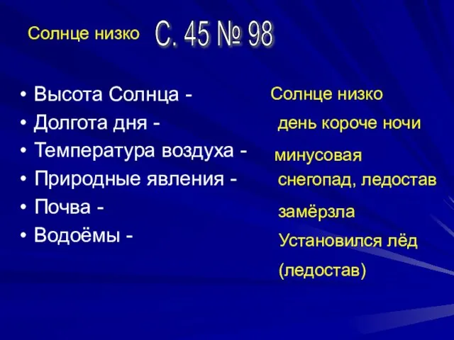 Солнце низко Высота Солнца - Долгота дня - Температура воздуха - Природные