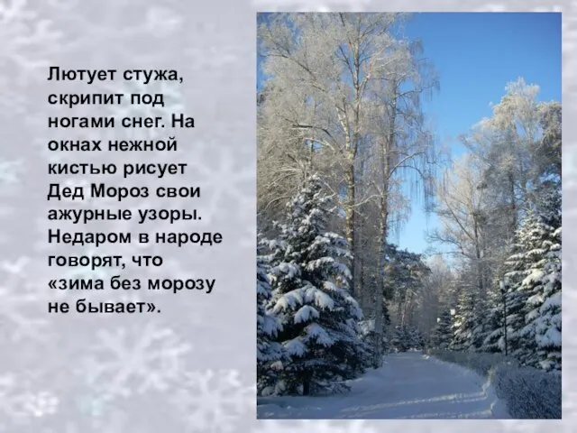 Лютует стужа, скрипит под ногами снег. На окнах нежной кистью рисует Дед