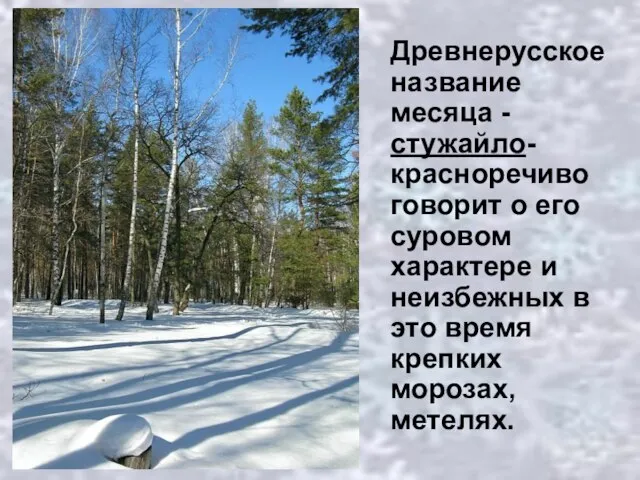 Древнерусское название месяца -стужайло- красноречиво говорит о его суровом характере и неизбежных