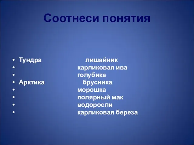 Соотнеси понятия Тундра лишайник карликовая ива голубика Арктика брусника морошка полярный мак водоросли карликовая береза