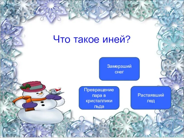 Что такое иней? Превращение пара в кристаллики льда Замерзший снег Растаявший лед