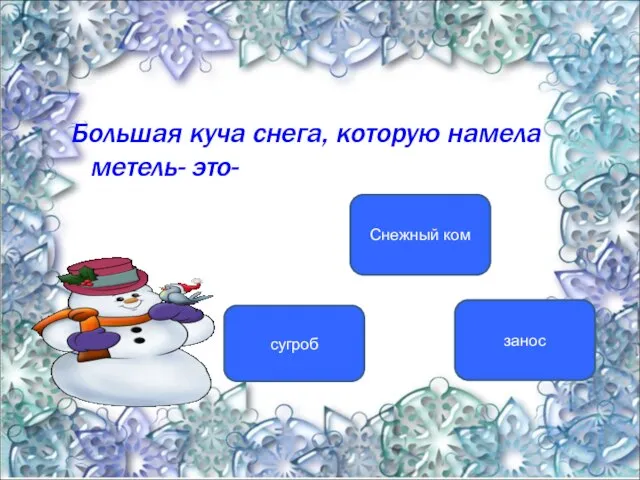 Большая куча снега, которую намела метель- это- сугроб Снежный ком занос