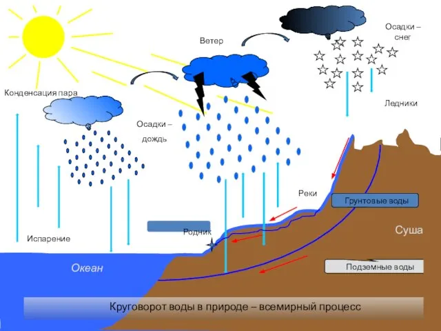 Испарение Конденсация пара Осадки – дождь Осадки – снег Ветер Круговорот воды