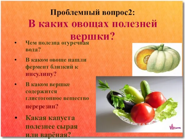 Проблемный вопрос2: В каких овощах полезней вершки? Чем полезна огуречная вода? В