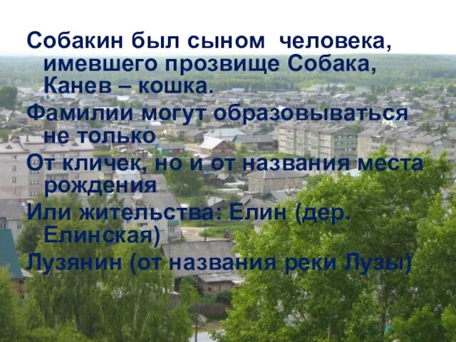 Собакин был сыном человека, имевшего прозвище Собака, Канев – кошка. Фамилии могут