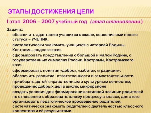 ЭТАПЫ ДОСТИЖЕНИЯ ЦЕЛИ I этап 2006 – 2007 учебный год (этап становления