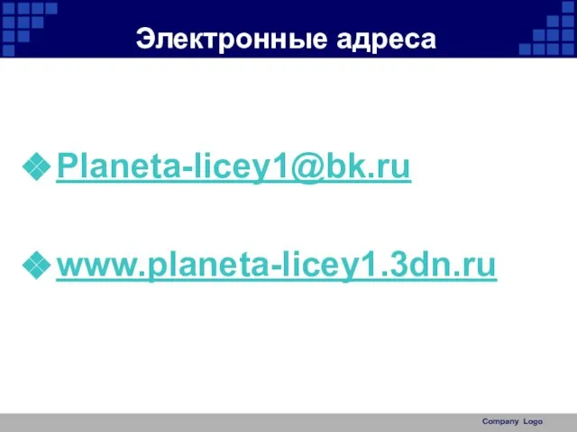 Электронные адреса Planeta-licey1@bk.ru www.planeta-licey1.3dn.ru Company Logo