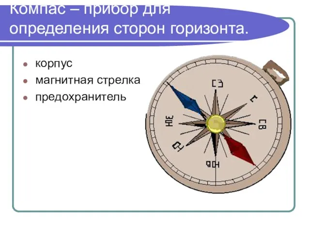 Компас – прибор для определения сторон горизонта. корпус магнитная стрелка предохранитель