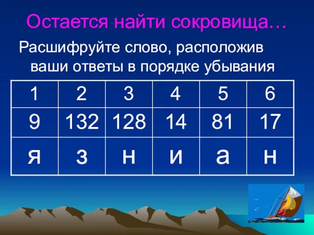 Остается найти сокровища… Расшифруйте слово, расположив ваши ответы в порядке убывания