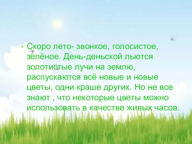 Скоро лето- звонкое, голосистое, зелёное. День-деньской льются золотистые лучи на землю, распускаются