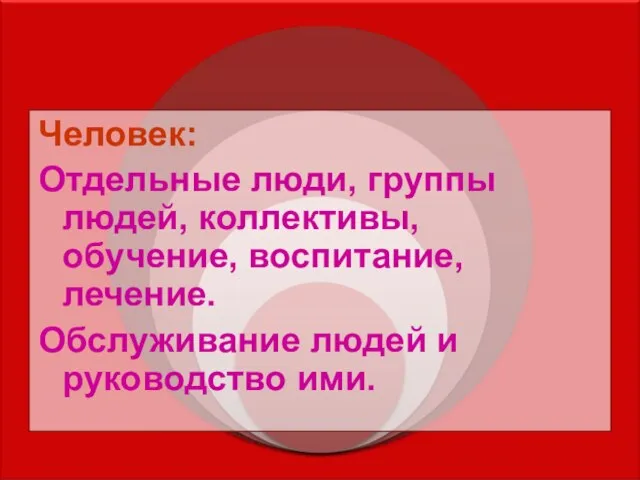 Человек: Отдельные люди, группы людей, коллективы, обучение, воспитание, лечение. Обслуживание людей и руководство ими.