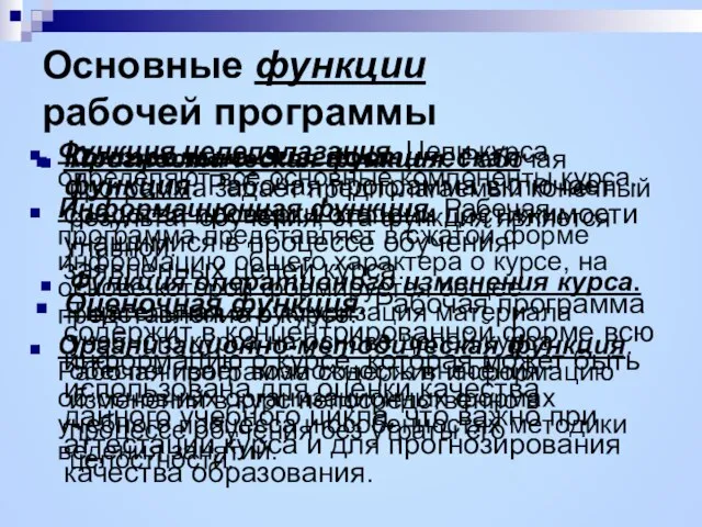 Основные функции рабочей программы Прогностическая функция. Рабочая программа задаёт предполагаемый конечный результат