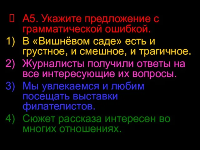 А5. Укажите предложение с грамматической ошибкой. В «Вишнёвом саде» есть и грустное,