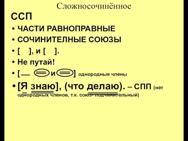 Сложносочинённое ССП ЧАСТИ РАВНОПРАВНЫЕ СОЧИНИТЕЛНЫЕ СОЮЗЫ [ ], и [ ]. Не