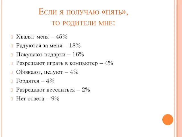 Если я получаю «пять», то родители мне: Хвалят меня – 45% Радуются