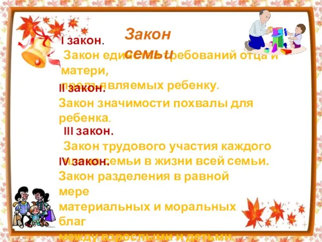 I закон. Закон единства требований отца и матери, предъявляемых ребенку. Закон семьи