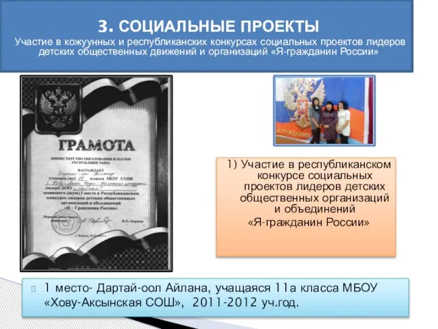 Работа 3. СОЦИАЛЬНЫЕ ПРОЕКТЫ Участие в кожуунных и республиканских конкурсах социальных проектов