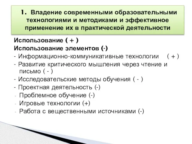 Наименование технологии Использование ( + ) Использование элементов (-) - Информационно-коммуникативные технологии