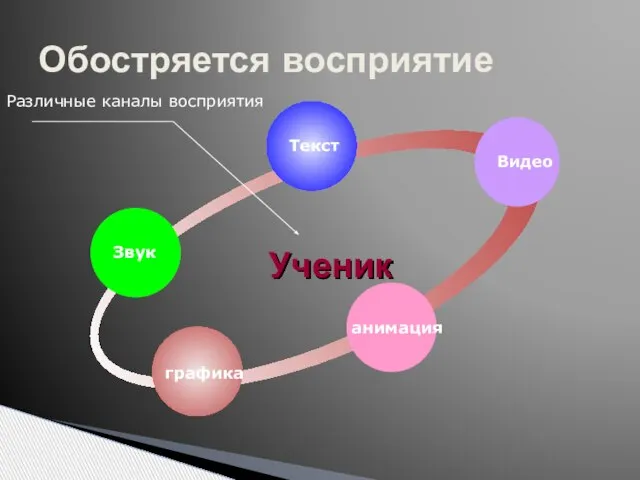 Обостряется восприятие Звук Текст Видео анимация графика Ученик Различные каналы восприятия