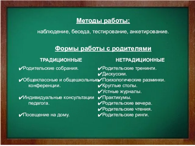 Методы работы: наблюдение, беседа, тестирование, анкетирование. Формы работы с родителями